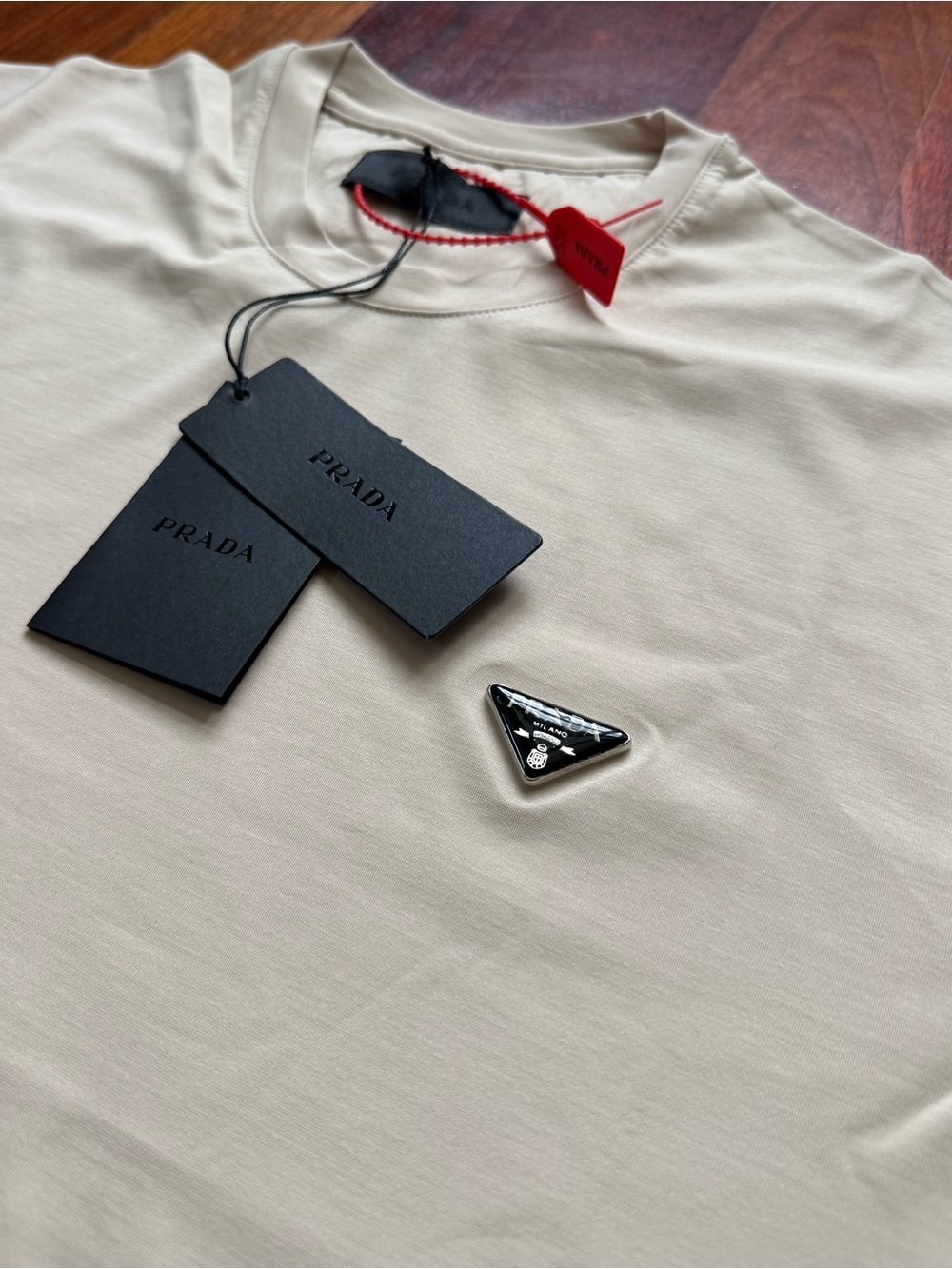 Prada Beige Crewneck Tee with Black Logo Triangle
